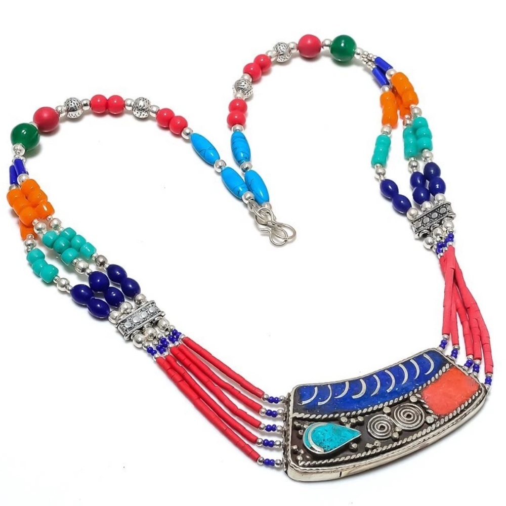 Tibetan Turquoise Coral Lapis Lazuli Handmade Boho  Beaded Necklace 18"